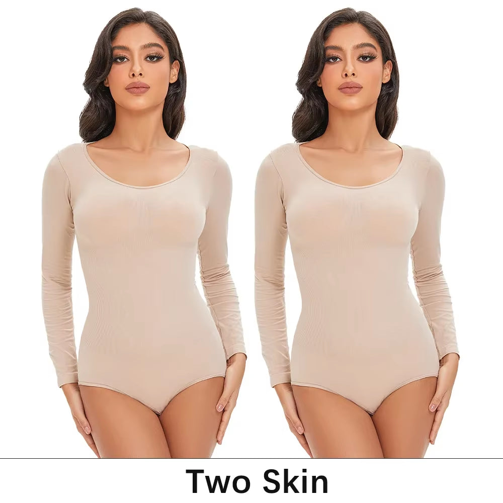 Revolutionary POKARLA Women's Spandex Body Shaper - Tummy Control, Long Sleeve, Open Crotch, Seamless Comfort