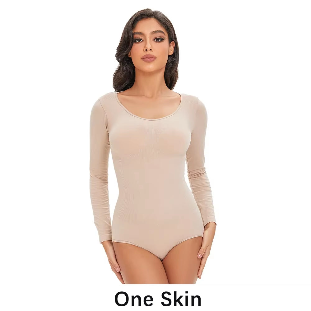 Revolutionary POKARLA Women's Spandex Body Shaper - Tummy Control, Long Sleeve, Open Crotch, Seamless Comfort