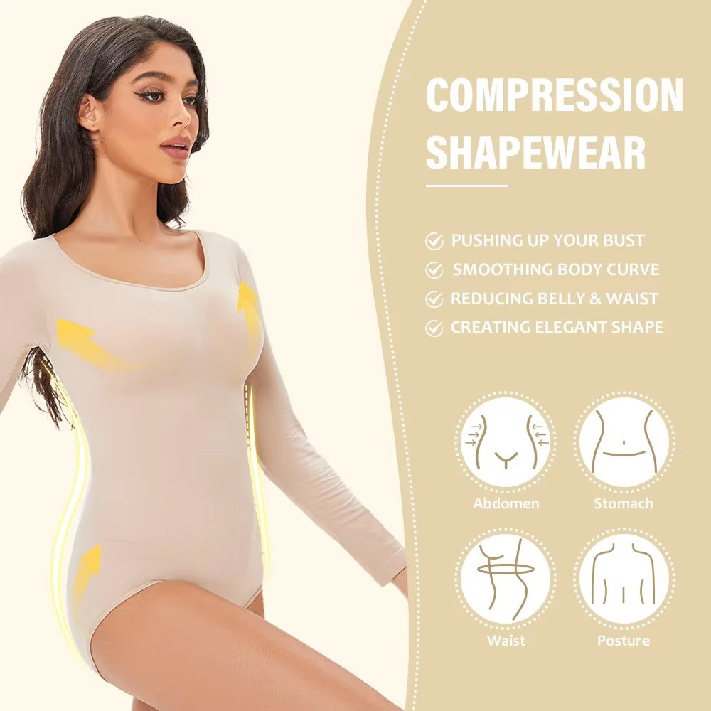 Revolutionary POKARLA Women's Spandex Body Shaper - Tummy Control, Long Sleeve, Open Crotch, Seamless Comfort