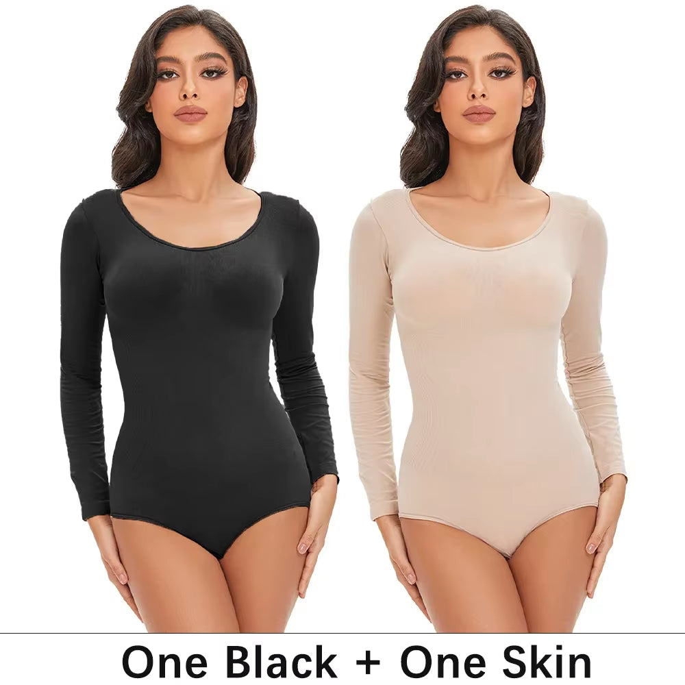 Revolutionary POKARLA Women's Spandex Body Shaper - Tummy Control, Long Sleeve, Open Crotch, Seamless Comfort