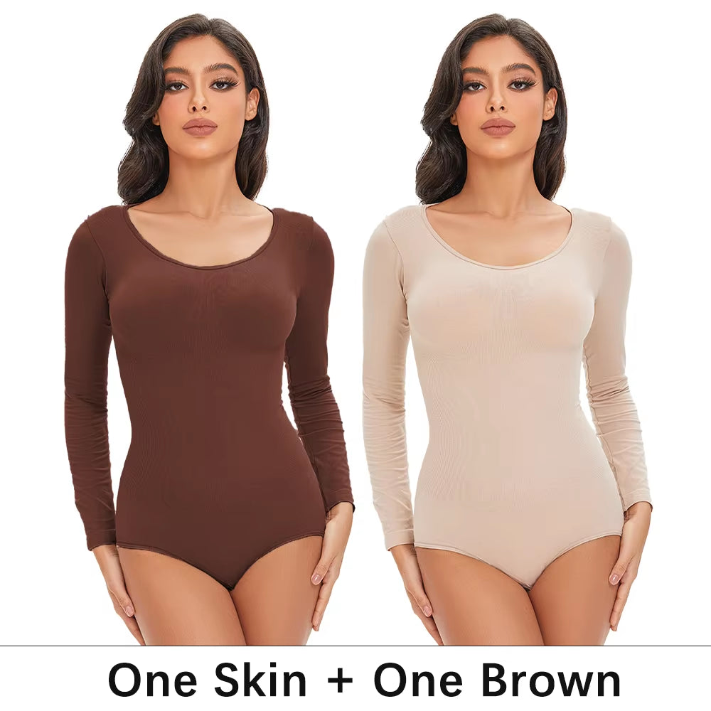 Revolutionary POKARLA Women's Spandex Body Shaper - Tummy Control, Long Sleeve, Open Crotch, Seamless Comfort
