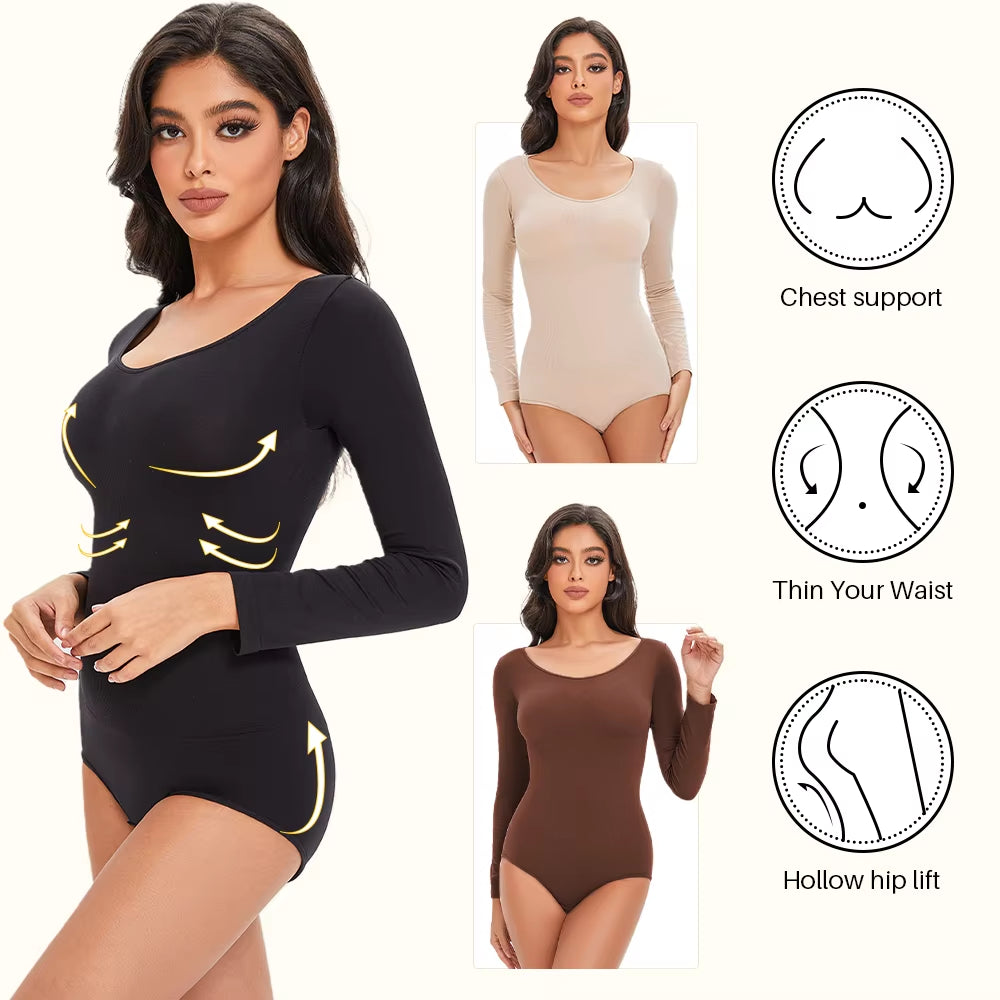 Revolutionary POKARLA Women's Spandex Body Shaper - Tummy Control, Long Sleeve, Open Crotch, Seamless Comfort