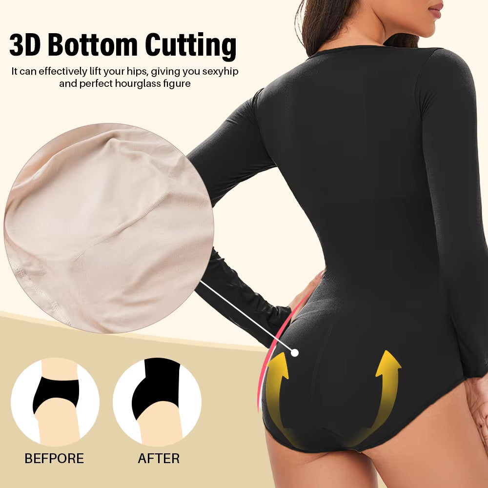 Revolutionary POKARLA Women's Spandex Body Shaper - Tummy Control, Long Sleeve, Open Crotch, Seamless Comfort