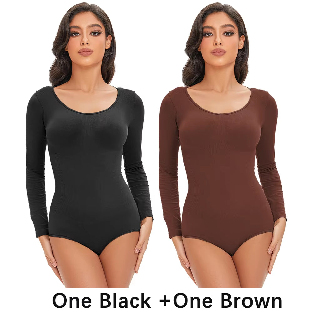 Revolutionary POKARLA Women's Spandex Body Shaper - Tummy Control, Long Sleeve, Open Crotch, Seamless Comfort