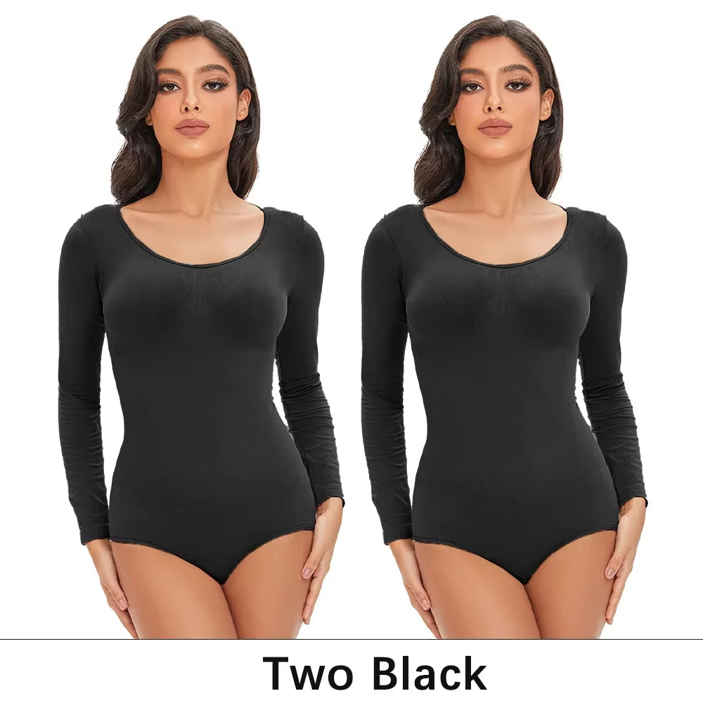 Revolutionary POKARLA Women's Spandex Body Shaper - Tummy Control, Long Sleeve, Open Crotch, Seamless Comfort