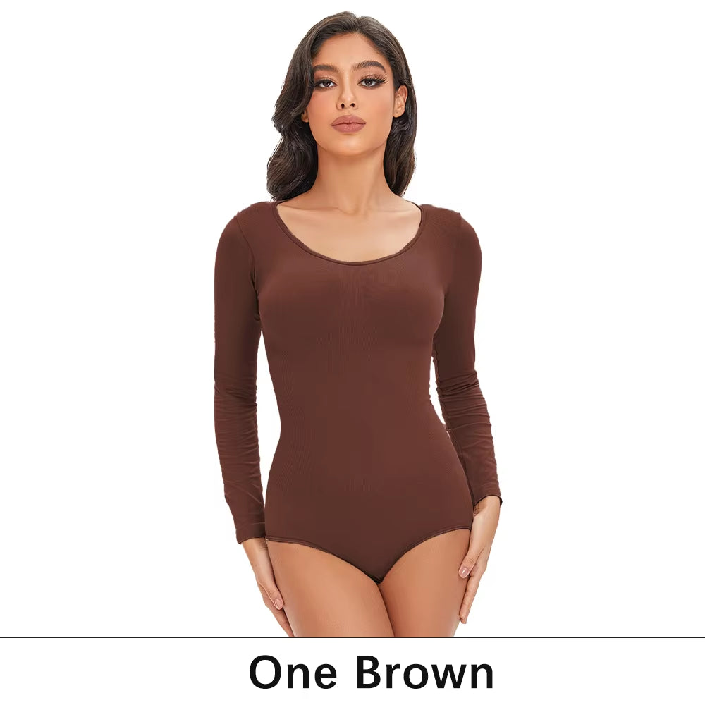 Revolutionary POKARLA Women's Spandex Body Shaper - Tummy Control, Long Sleeve, Open Crotch, Seamless Comfort