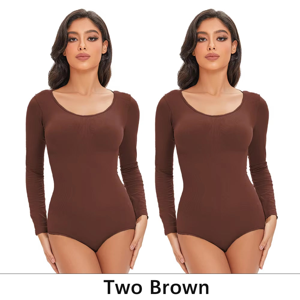 Revolutionary POKARLA Women's Spandex Body Shaper - Tummy Control, Long Sleeve, Open Crotch, Seamless Comfort