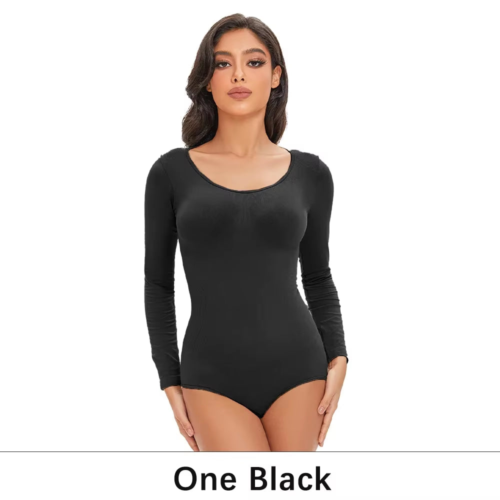 Revolutionary POKARLA Women's Spandex Body Shaper - Tummy Control, Long Sleeve, Open Crotch, Seamless Comfort