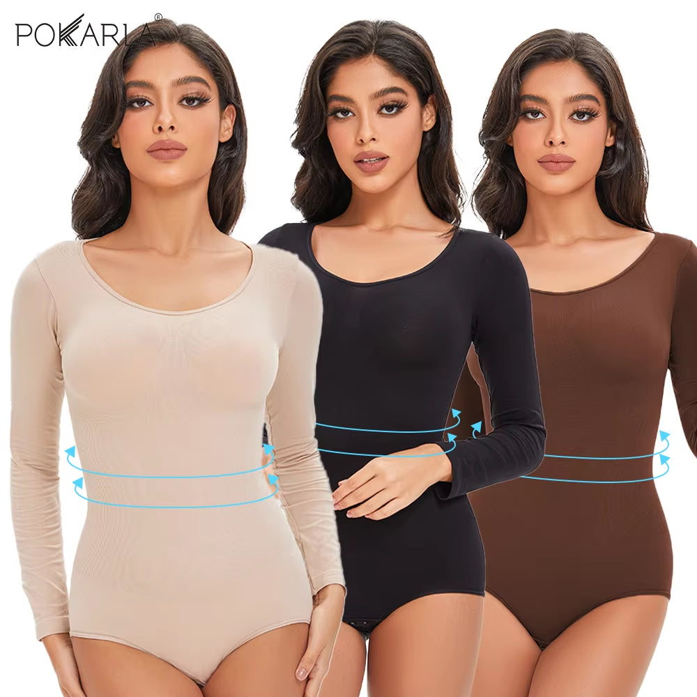 Revolutionary POKARLA Women's Spandex Body Shaper - Tummy Control, Long Sleeve, Open Crotch, Seamless Comfort